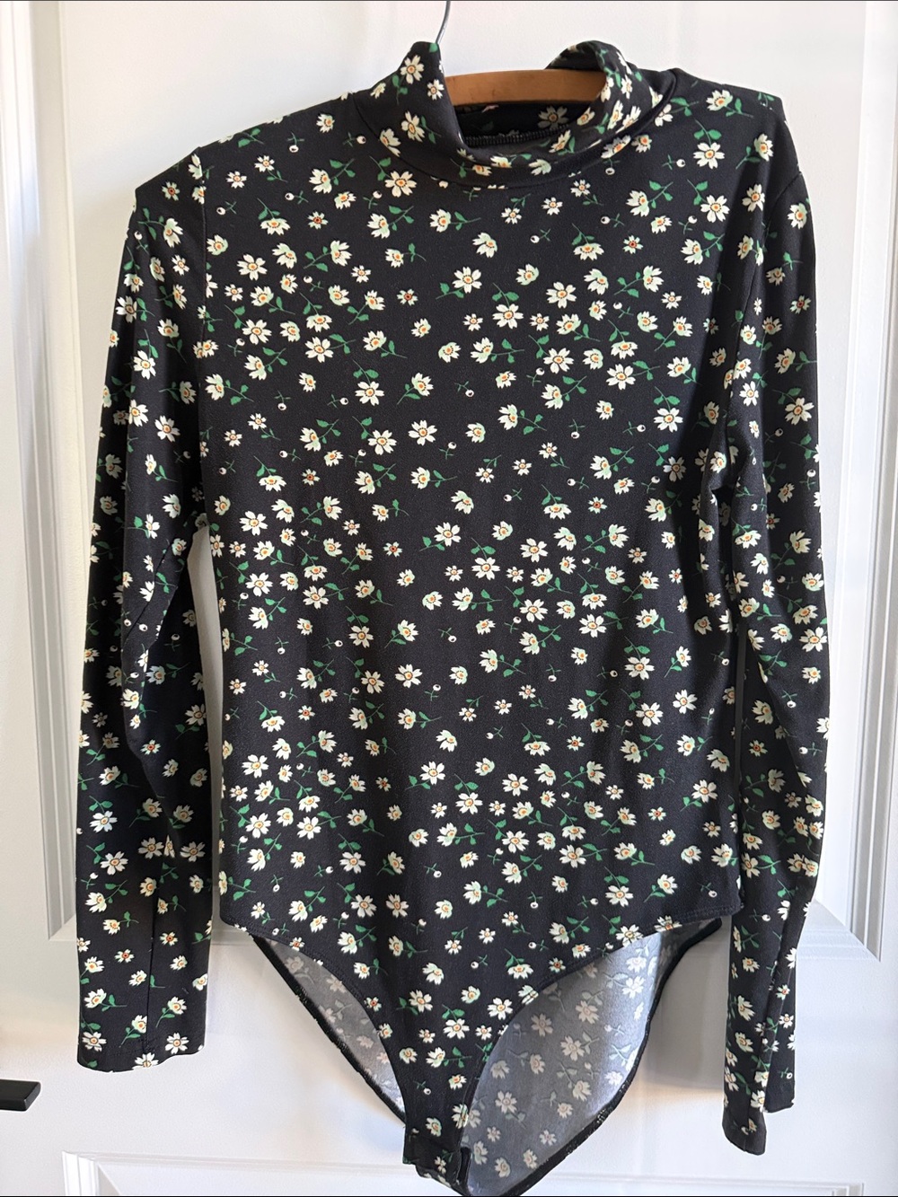 Mango Black Floral Mock Neck Long-Sleeve Bodysuit
